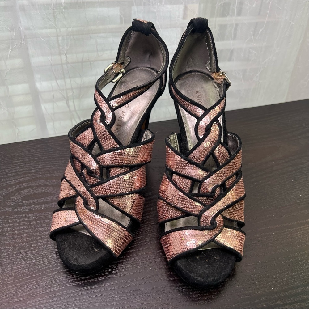 Antonio Melani Women Heels Pink Sequence Ladies Strappy Sandal Size 6 - Picture 9 of 9